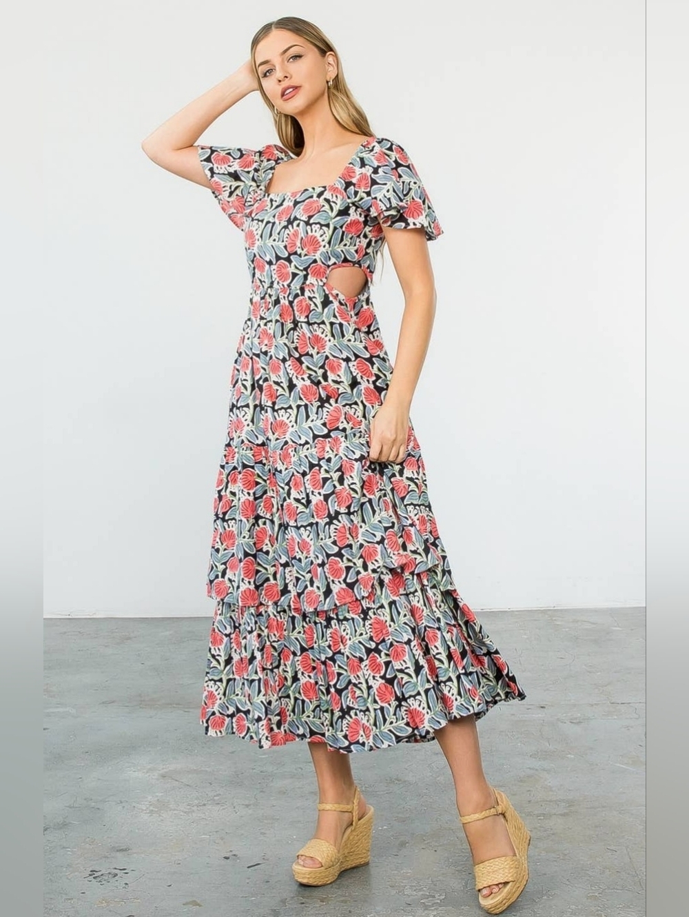 Anthropologie THML Floral Cut Out Maxi Dress Tiered Flutter Sleeve Size S Boho